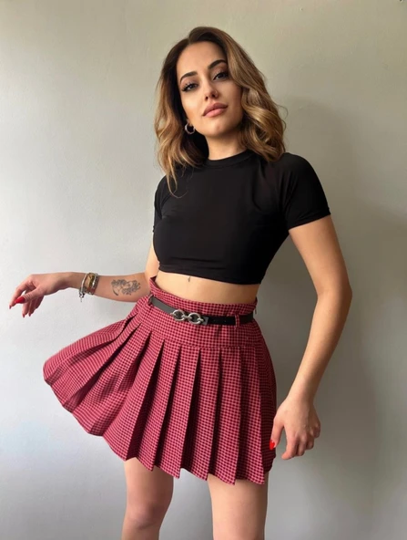 Kareli Pile Ve Kemerli Mini Etek - Resim 4