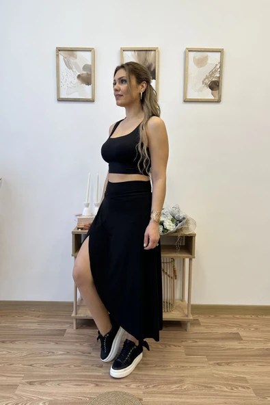 Taytlı Yırtmaç Detaylı Tasarım Asimetrik Etek - Resim 8