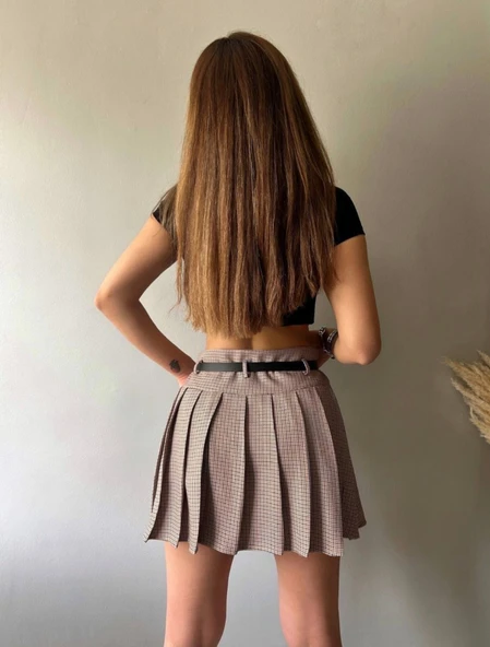 Kareli Pile Ve Kemerli Mini Etek - Resim 8