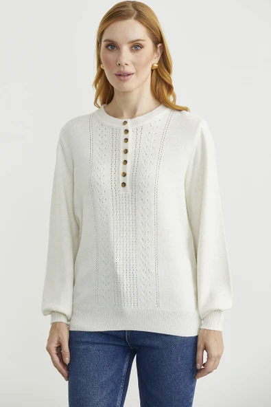 Yarım Düğmeli Yuvarlak Yaka Triko Kazak - Kemik ürün görseli 1