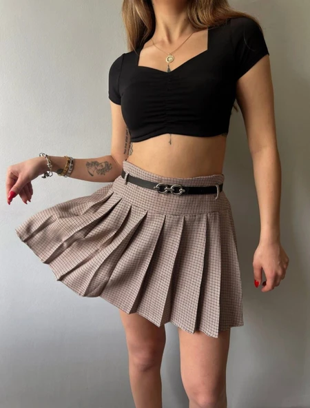 Kareli Pile Ve Kemerli Mini Etek - Resim 6