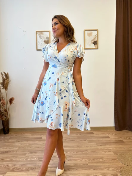 Kruvaze Kapamalı Fırfırlı Midi Süprem Elbise - Resim 4