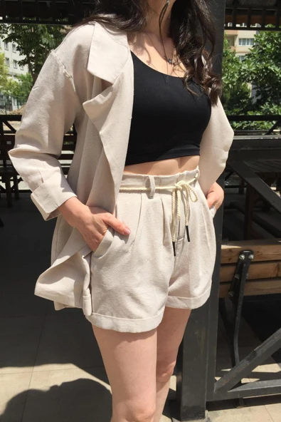 Cep Ve Bel Bağlama Detaylı Keten Şort - Resim 5