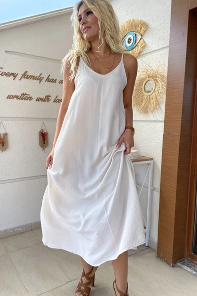 Krem İnce Askılı Tensel Ayrobin Uzun Elbise - Resim 3