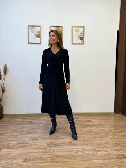 V Yaka Ön Büzgülü Uzun Elbise - Resim 3