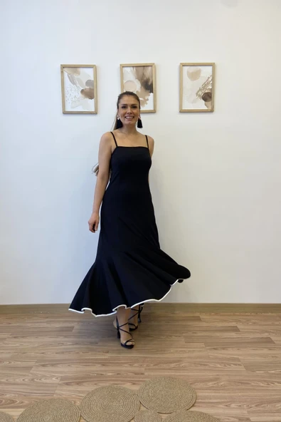 İnce Askılı Eteği Volanlı Uzun Elbise - Resim 3