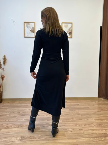 V Yaka Ön Büzgülü Uzun Elbise - Resim 2