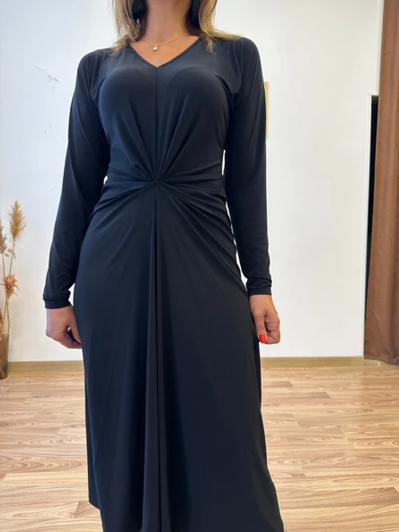 V Yaka Ön Büzgülü Uzun Elbise - Resim 9