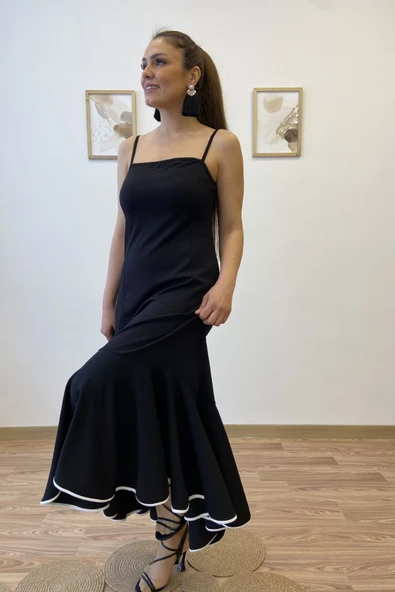 İnce Askılı Eteği Volanlı Uzun Elbise - Resim 6