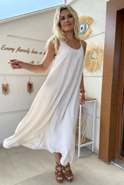 Krem İnce Askılı Tensel Ayrobin Uzun Elbise - Resim 4