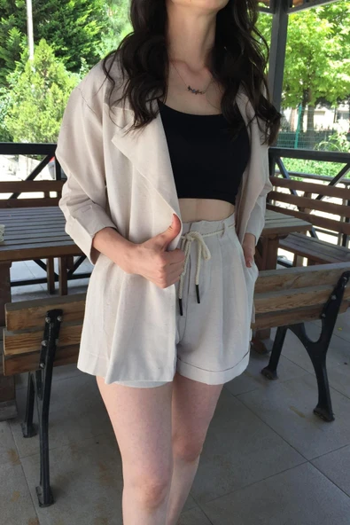 Cep Ve Bel Bağlama Detaylı Keten Şort - Resim 7