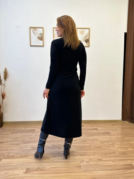 V Yaka Ön Büzgülü Uzun Elbise - Resim 4