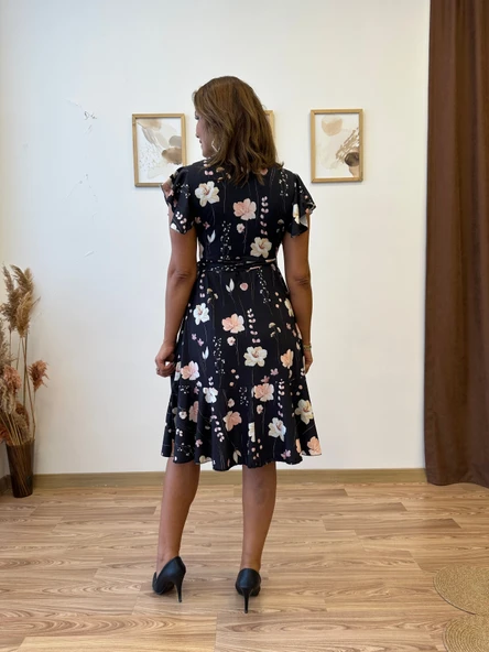 Kruvaze Kapamalı Fırfırlı Midi Süprem Elbise - Resim 11