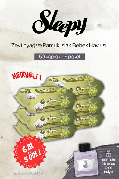 Sleepy 50'li Zeytinyağ ve Pamuklu Bebe Islak Havlu 6 AL 5 ÖDE, Rosie Pudra Oda Kokusu ürün görseli