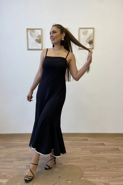 İnce Askılı Eteği Volanlı Uzun Elbise - Resim 4