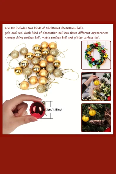 48 Parça Noel Ağacı Süs Seti | Kırmızı & Altın İki Tonlu Plastik Yılbaşı Topları | Çiçek Desenli Dekoratif Süsler | Kış & Tatil Temalı Asma Aksesuarları - Resim 2