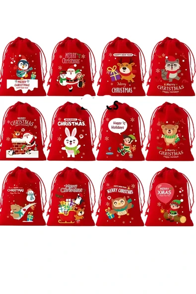 Noel Flanel Çekmeli Hediye Torbası – Küçük Flanel Poşet | Şapkalı Geyik, Penguen, Baykuş, Santa Claus ve Kaykaylı Kar Araba Desenli | Rastgele Model (1 Adet) ürün görseli
