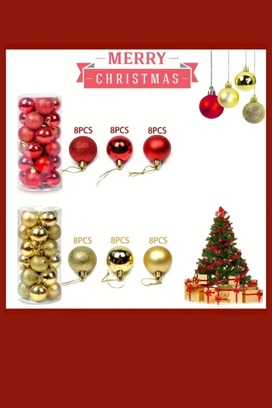 48 Parça Noel Ağacı Süs Seti | Kırmızı & Altın İki Tonlu Plastik Yılbaşı Topları | Çiçek Desenli Dekoratif Süsler | Kış & Tatil Temalı Asma Aksesuarları - Resim 4