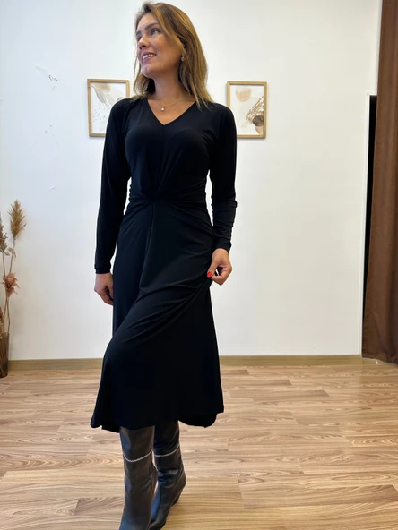 V Yaka Ön Büzgülü Uzun Elbise - Resim 6