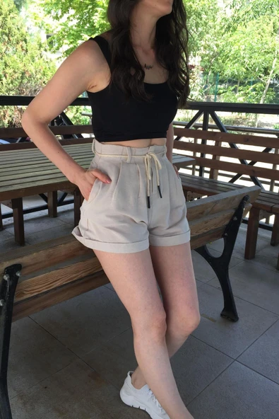Cep Ve Bel Bağlama Detaylı Keten Şort - Resim 6