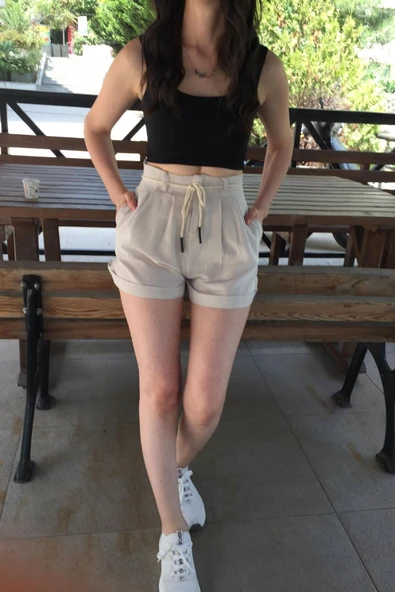 Cep Ve Bel Bağlama Detaylı Keten Şort - Resim 8