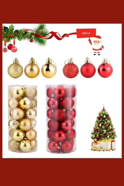 48 Parça Noel Ağacı Süs Seti | Kırmızı & Altın İki Tonlu Plastik Yılbaşı Topları | Çiçek Desenli Dekoratif Süsler | Kış & Tatil Temalı Asma Aksesuarları ürün görseli