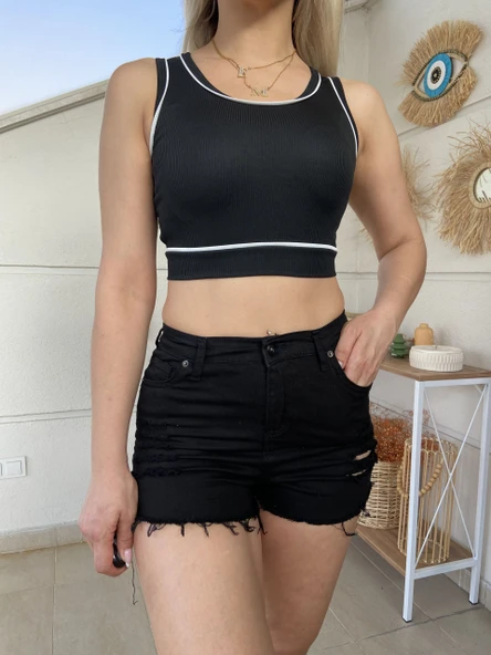 Yırtıklı Likralı Jean Şort - Resim 5