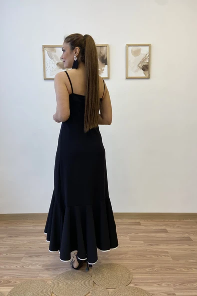 İnce Askılı Eteği Volanlı Uzun Elbise - Resim 5