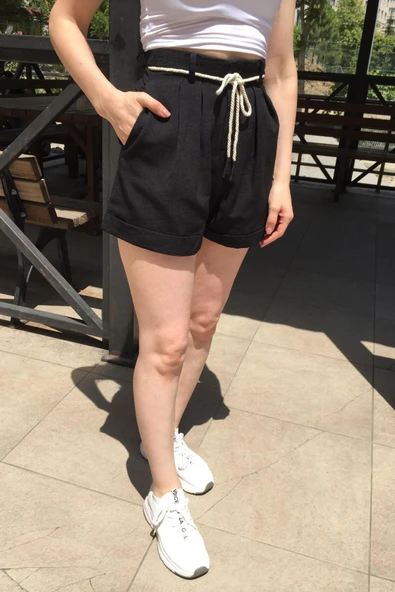 Cep Ve Bel Bağlama Detaylı Keten Şort - Resim 4