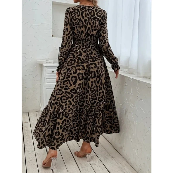 Lucky Life Kadın Uzun Kollu Kruvaze Yaka Leopar Desenli Uzun Süprem Elbise ürün görseli 1