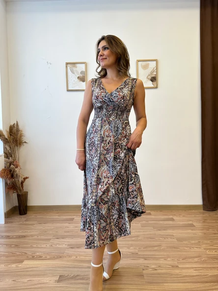 Beli Gipeli Etnik Desen Sıfır Kol Elbise - Resim 8