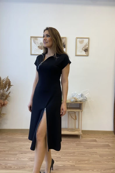 Fermuar Aksesuarlı Modal Kumaş Uzun Elbise - Resim 5