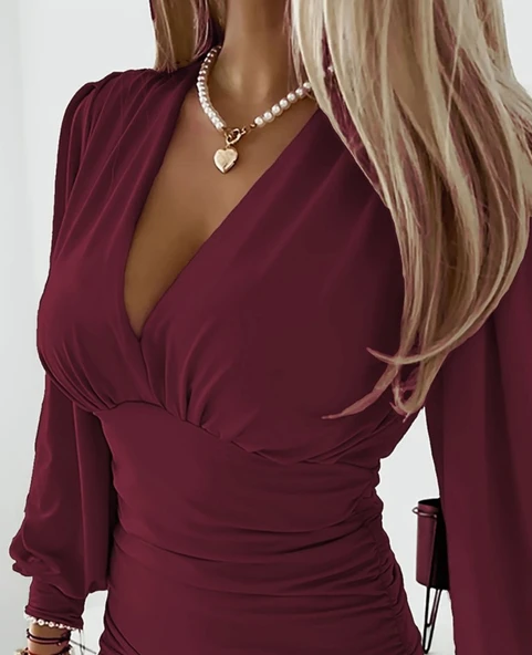 Lucky Life Kadın Uzun Kollu Derin V Yakalı önden Büzgülü Sandy Bluz - Resim 3