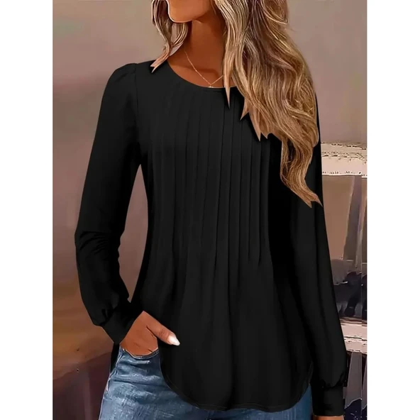 Lucky Life Kadın Uzun Kollu Yuvarlak Yaka Nervürlü Bluz - Resim 4