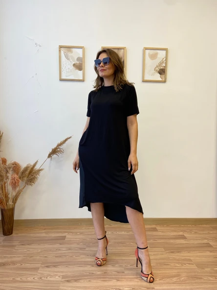 Asimetrik Ön Viscon Arka Terikoton Elbise - Resim 3