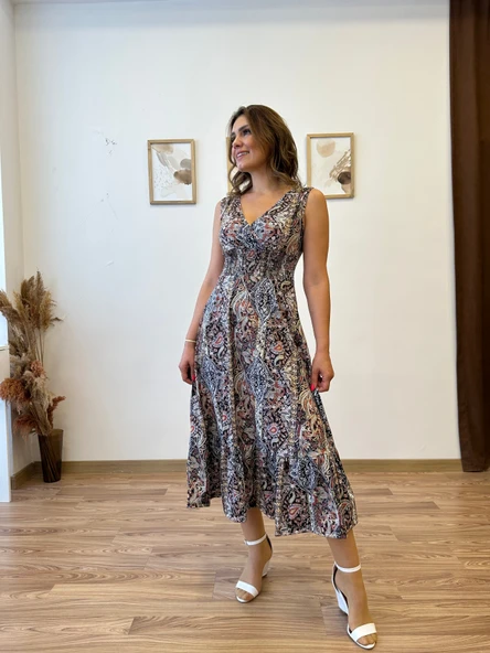 Beli Gipeli Etnik Desen Sıfır Kol Elbise - Resim 6