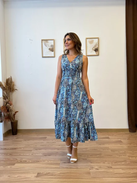 Beli Gipeli Etnik Desen Sıfır Kol Elbise - Resim 9