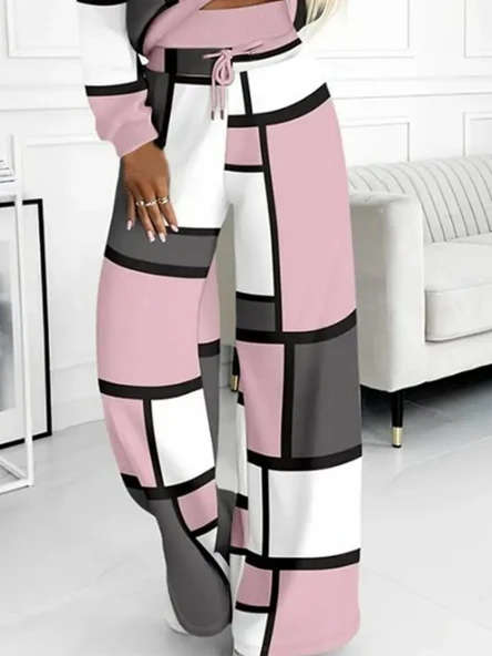 Lucky Life Kadın Uzun Kollu Kapşonlu Bağcıklı Desenli Iki Iplik Bluz Ve Pantolon Ikili Takım - Resim 3