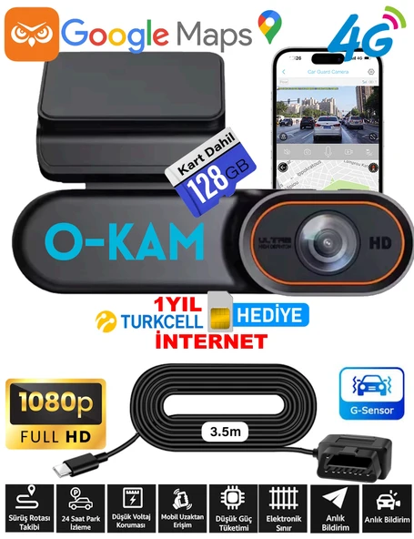 O-Kam 128GB Araç Içi Kamera Uzaktan Araç Kamerasını İzleme 1080P Kamera Gps +1 Yıl 4G İnternet ürün görseli