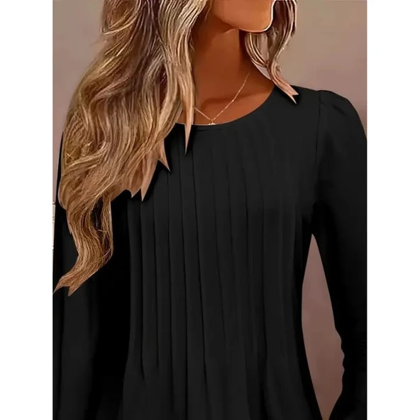 Lucky Life Kadın Uzun Kollu Yuvarlak Yaka Nervürlü Bluz ürün görseli 1