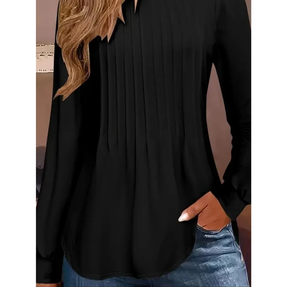 Lucky Life Kadın Uzun Kollu Yuvarlak Yaka Nervürlü Bluz - Resim 3