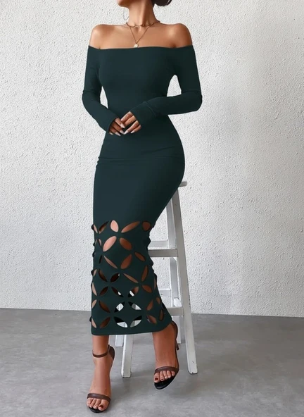 Lucky Life Kadın Madonna Yaka Uzun Kollu Lazer çiçek Kesim Detaylı Uzun Ithal Krep Elbise ürün görseli 1