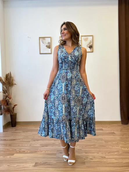 Beli Gipeli Etnik Desen Sıfır Kol Elbise - Resim 12