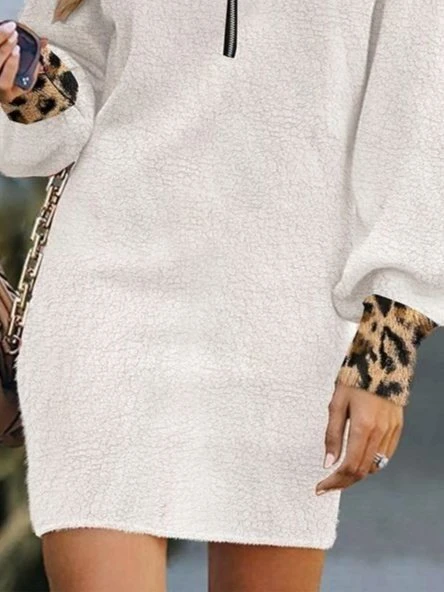 Lucky Life Kadın Uzun Kollu Yakalı önden Fermuarlı Leopar Detaylı Mini Peluş Elbise - Resim 3