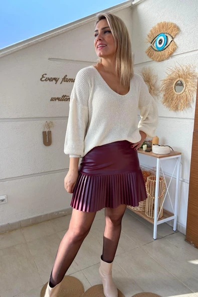 Yarım Pileli Deri Mini Etek - Resim 6