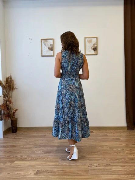 Beli Gipeli Etnik Desen Sıfır Kol Elbise - Resim 10