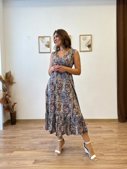 Beli Gipeli Etnik Desen Sıfır Kol Elbise - Resim 4