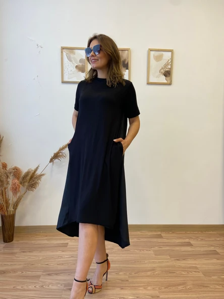 Asimetrik Ön Viscon Arka Terikoton Elbise - Resim 4