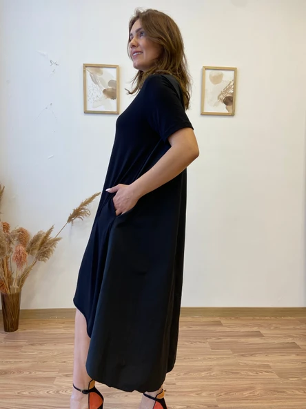 Asimetrik Ön Viscon Arka Terikoton Elbise - Resim 5