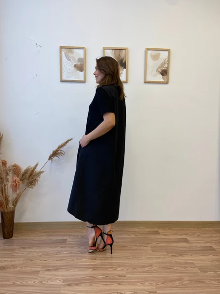 Asimetrik Ön Viscon Arka Terikoton Elbise - Resim 2